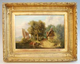 19th century Norwich school - Norfolk landscape with cattle watering and thatched cottage by a