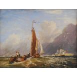 19th century Norwich school - Boats in calm seas off the coastline, oil on panel, 24 x 32cm