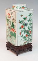 A Chinese Qing dynasty famille verte cong vase, 19th century, of square section, the four sides