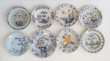 A circa 1740 Bristol delftware plate, polychrome decorated with a figure within a landscape, dia.