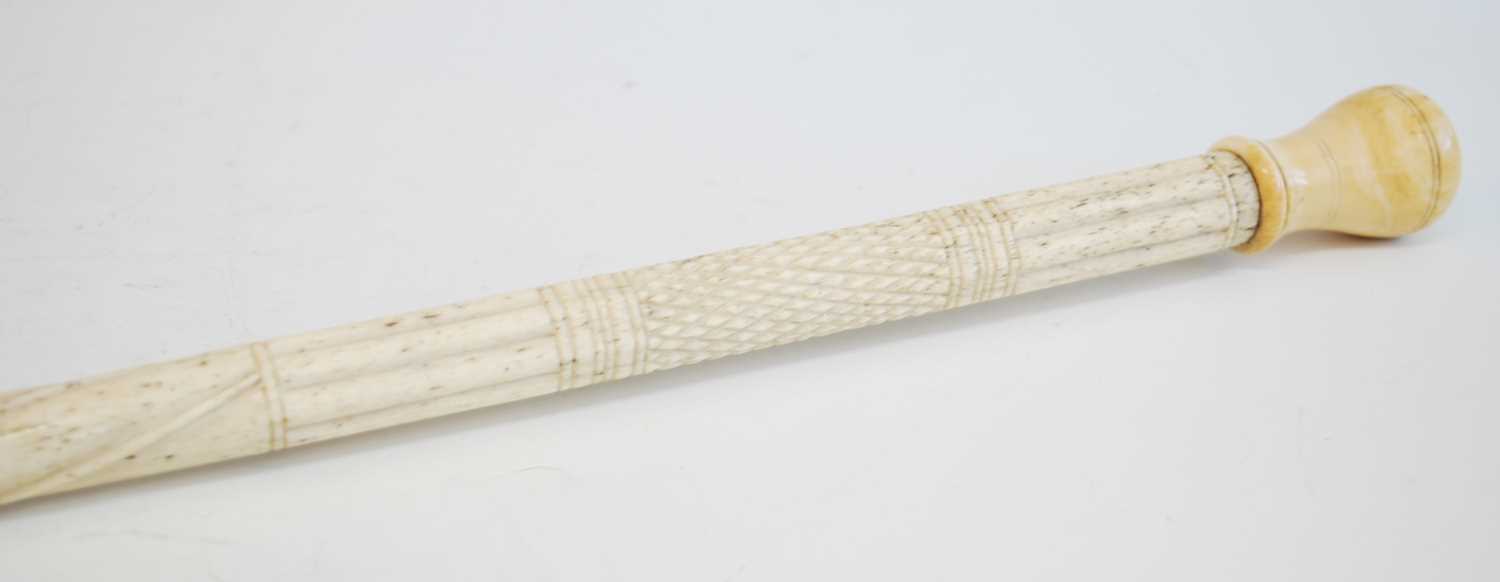 A 19th century narwhal tusk carved walking stick, the shaft carved with reeded top section and - Bild 2 aus 8