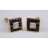 A pair of Far Eastern yellow metal, sapphire and diamond gent's cufflinks, the square settings