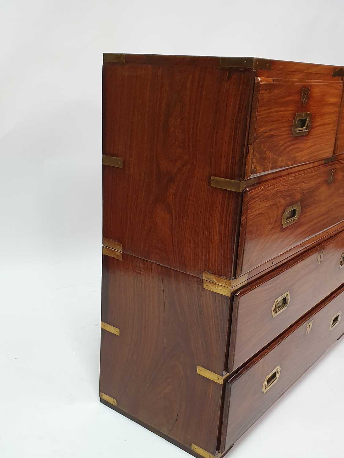 A late 19th century brass bound teak campaign chest, of two short and three long drawers, with brass - Bild 3 aus 3