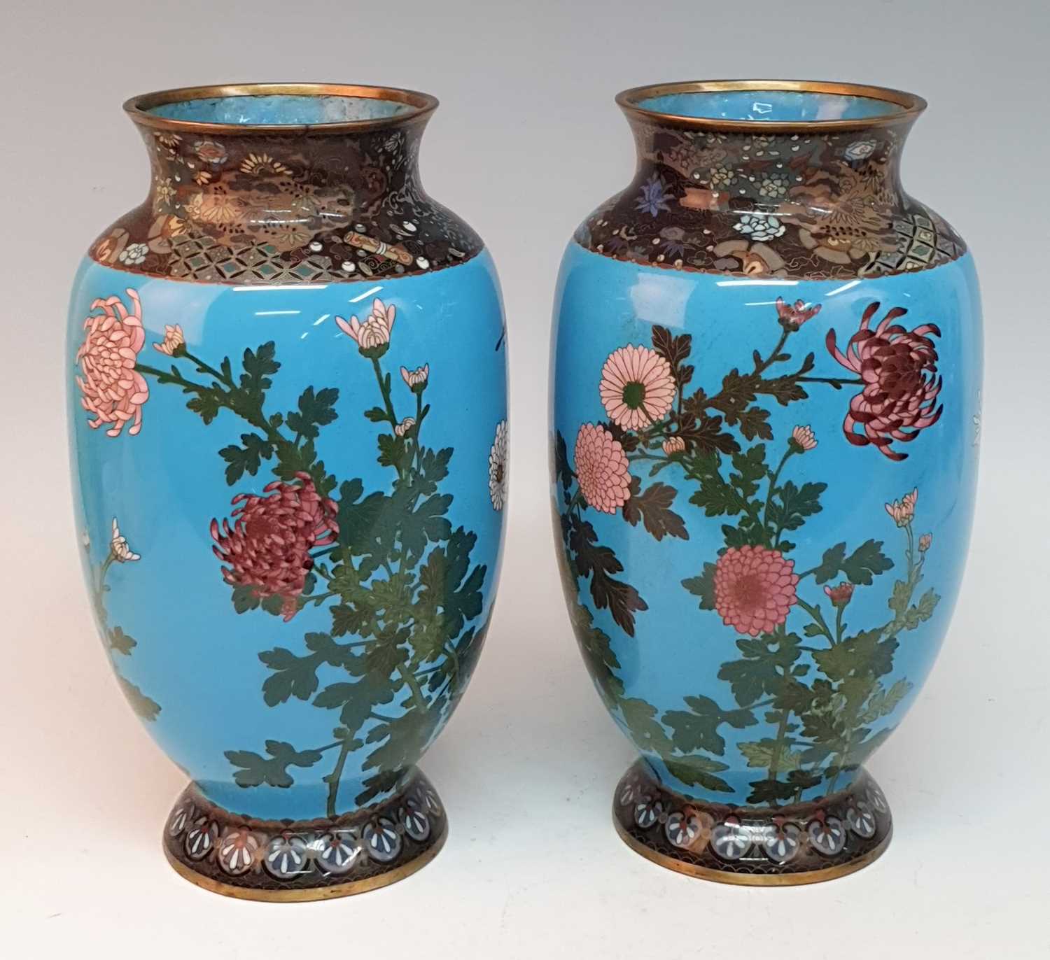 A pair of Japanese Meiji period cloisonne enamel vases, each of ovoid form, decorated with birds - Image 2 of 3