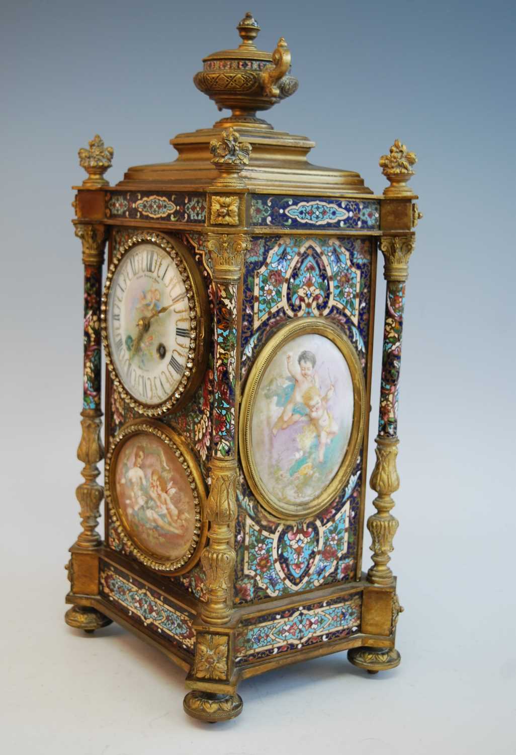 An early 20th century French ormolu and champleve enamel mantel clock, the convex white enamel Roman - Image 4 of 18