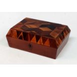 A 19th century parquetry inlaid specimen wood games box, the lid lifting to reveal compartments
