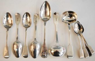 A harlequin set of 19th century silver spoons in the Fiddle pattern, comprising four tablespoons,