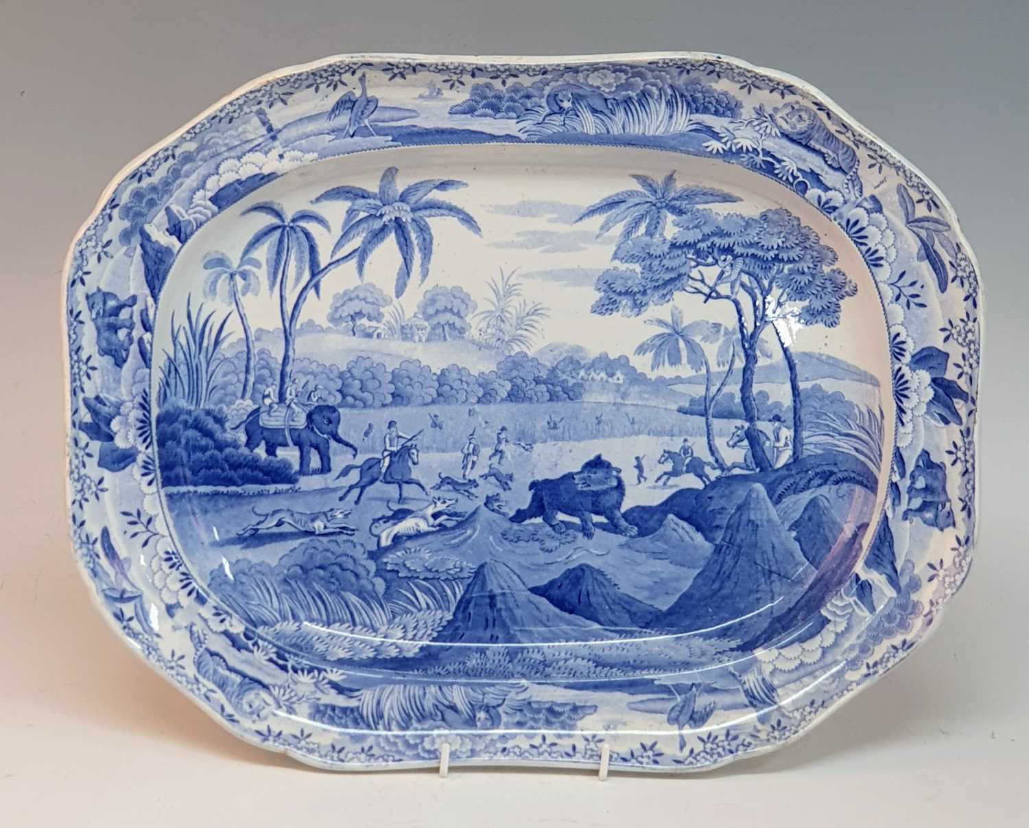 A circa 1810 Spode Indian Sporting series blue and white transfer decorated meat dish, impressed