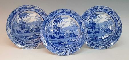 A set of three circa 1810 Spode Indian Sporting series blue and white transfer decorated plates,