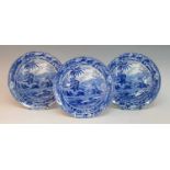 A set of three circa 1810 Spode Indian Sporting series blue and white transfer decorated plates,