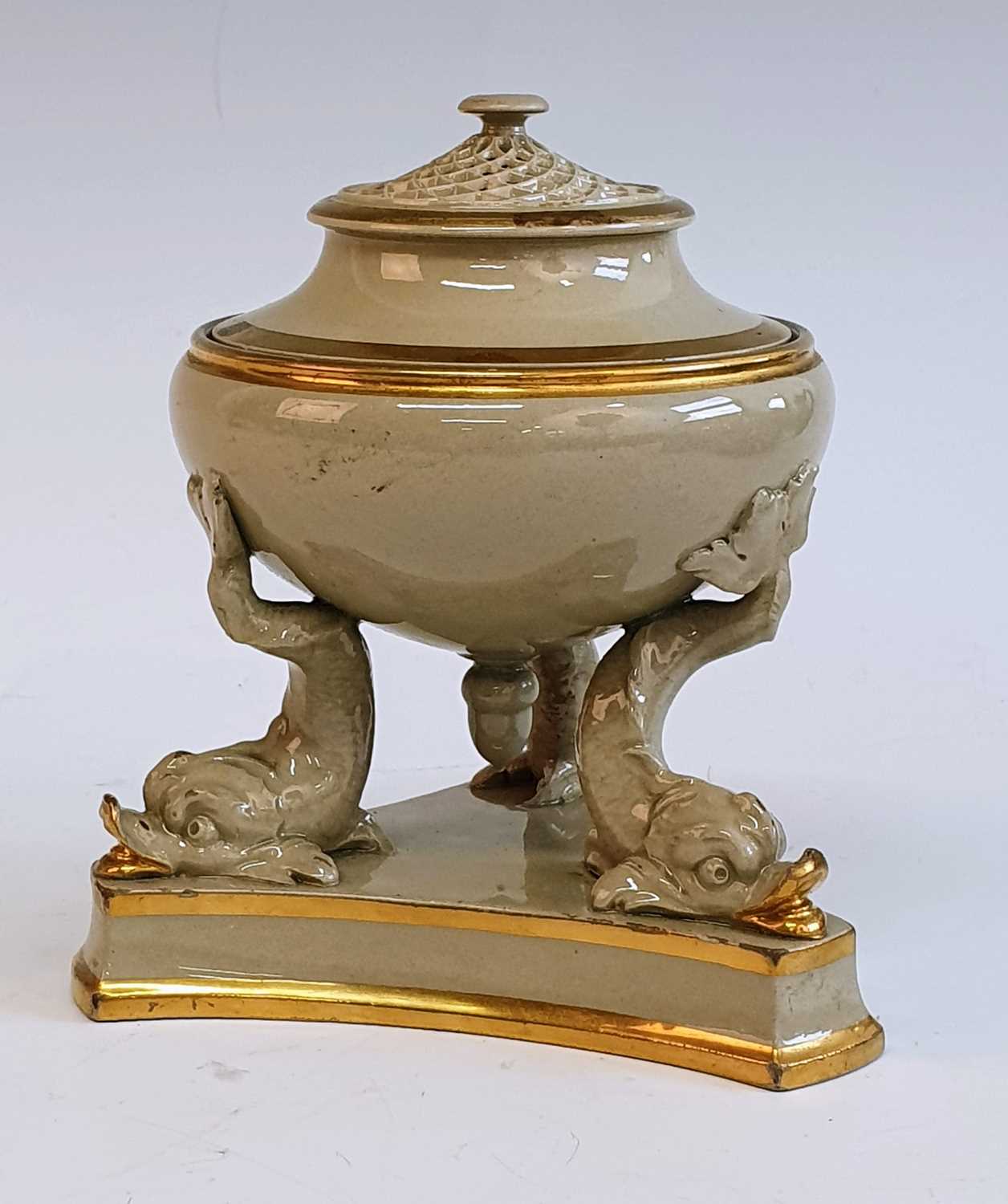 A circa 1820 Wedgwood drabware pastille burner urn, having gilt border, pierced cover and wick