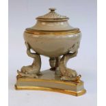 A circa 1820 Wedgwood drabware pastille burner urn, having gilt border, pierced cover and wick