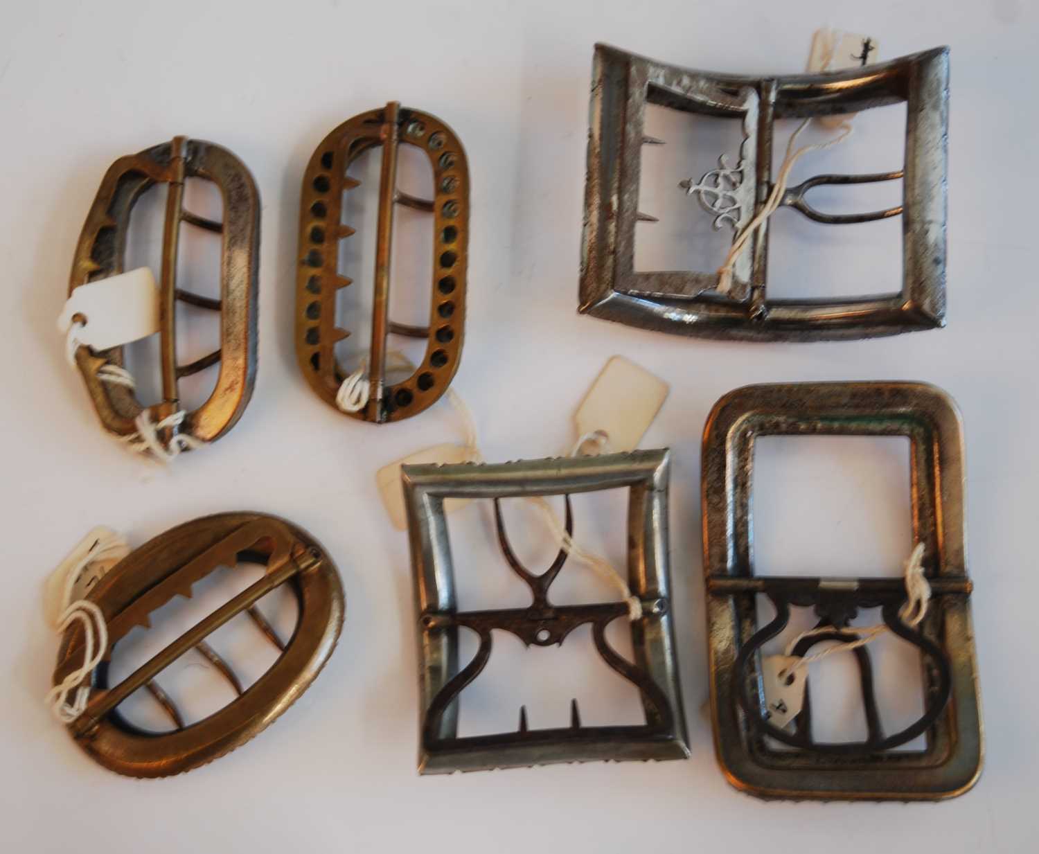 A collection of six Georgian and Victorian steel and paste set single shoe buckles, of rectangular - Image 2 of 2