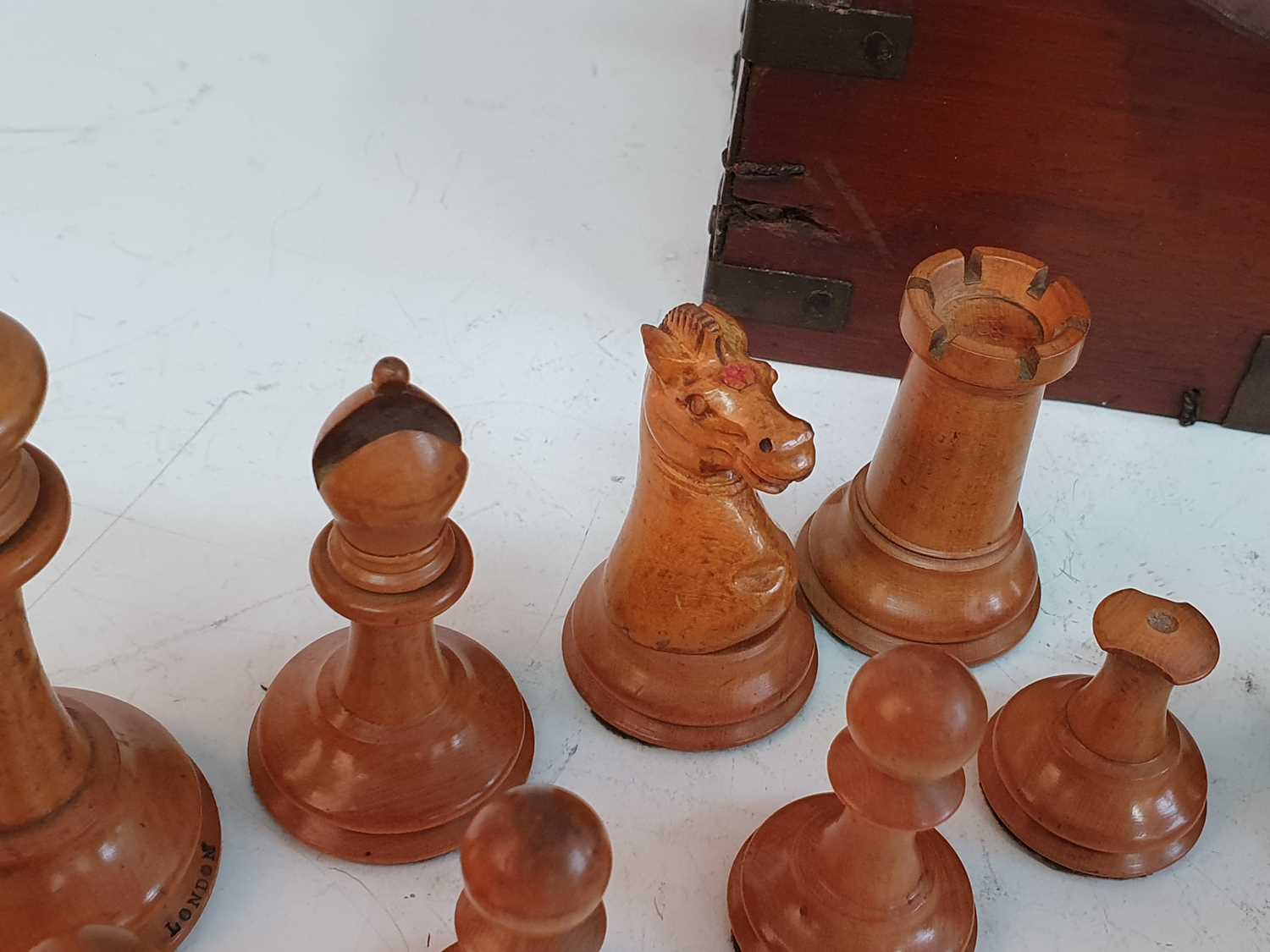 A late 19th century Jacques Staunton boxwood and ebony chess set, the rooks and knights bearing a - Image 2 of 12