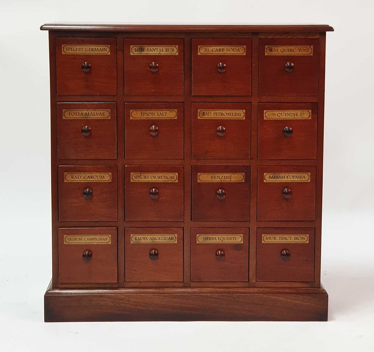 A Victorian style mahogany apothecary chest, having four flights of four annotated drawers, w. - Bild 2 aus 2