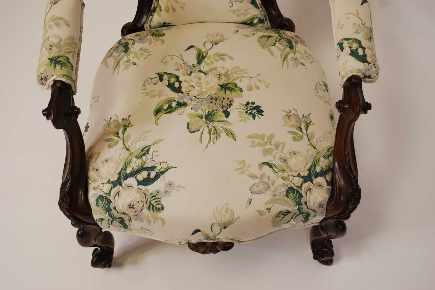 A Victorian floral carved mahogany showframe parlour tub chair, floral buttonback upholstered, - Image 3 of 4