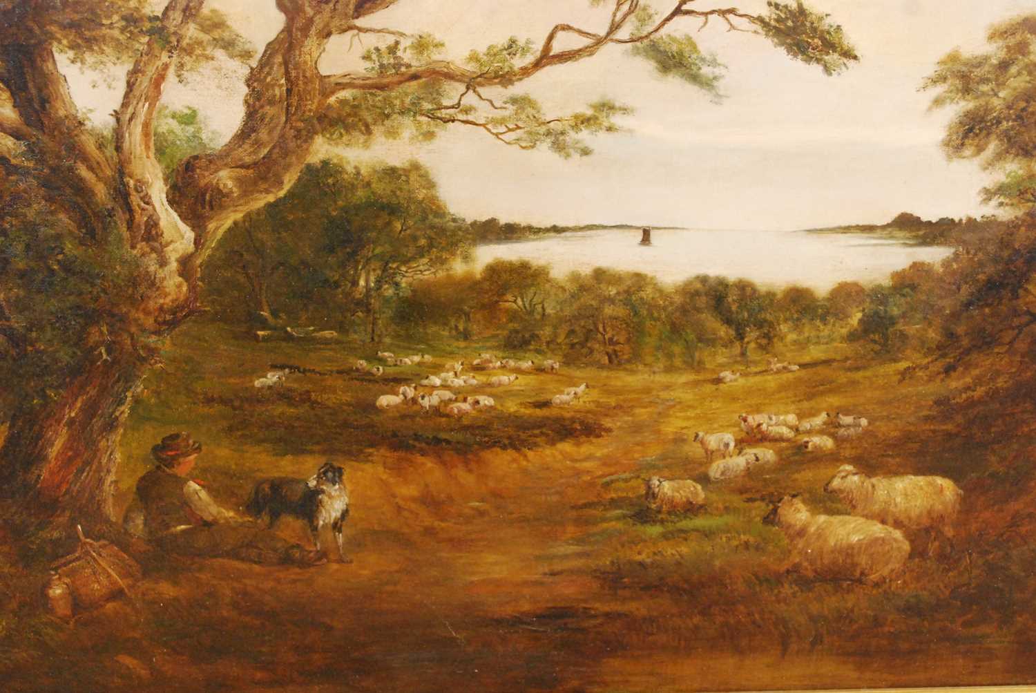 Robert Burrows (1810-1883) - Extensive river landscape with shepherd watching over his flock, oil on - Image 3 of 4