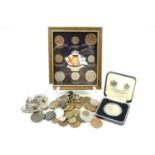 A small quantity of GB and world coins, including a George III 'cartwheel' penny and framed 'coins