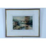 W. Hetherington Wetheral viaduct with a steam locomotive and fishermen, watercolour, signed and