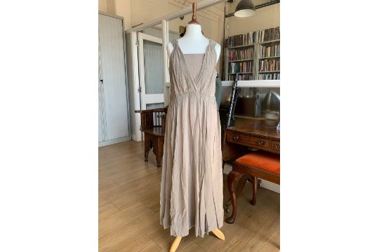 A 1920s sheer crepe tea dress in pale mauve, having gathered straps, modesty panel, gathered waist