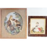 A framed Victorian needlework depiction of two young girls collecting water from a spring, in bead-