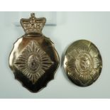 A replica Scots Guards Belgic Waterloo shako plate together with a shoulder belt plate
