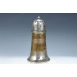 An electroplated sugar caster of lighthouse form, made from copper retrieved from HMS Glasgow, (a/