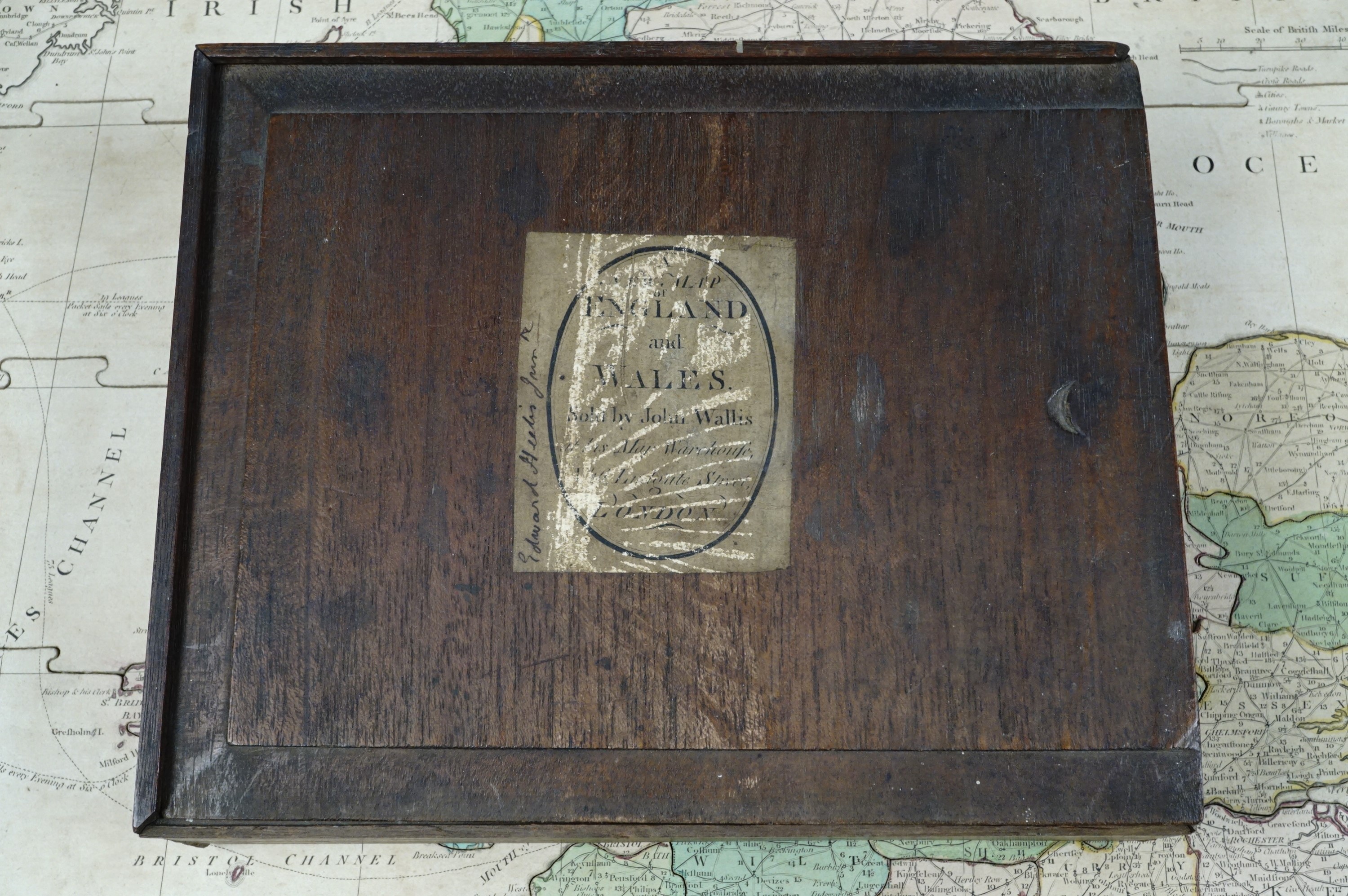 A George III wooden jigsaw, "A New Map of England and Wales, Sold by John Wallis at his Map - Image 4 of 5