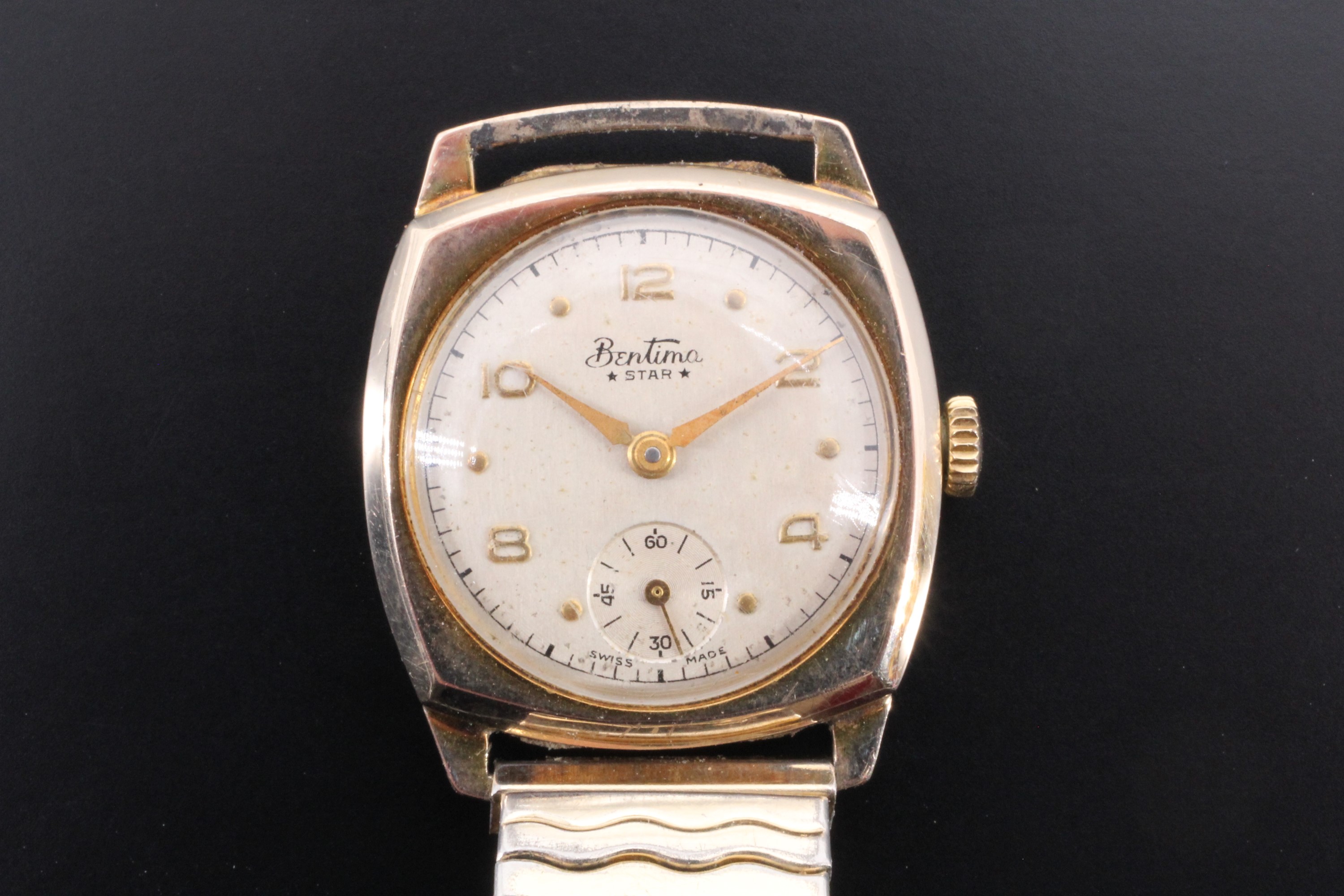 A 1950s Bentima Star 9 ct gold wristwatch, 28 mm excluding crown, having a plated felxible
