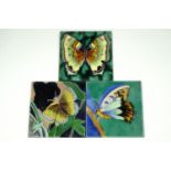 Three hand painted butterfly tiles / pot stands, 20 x 20 cm