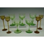 Four amber flashed and wheel cut cordial / liquor glasses together with five Victorian uranium green