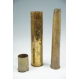 A Great War French 75 mm artillery shell case, a Bofors shell case and a small trench art shell case