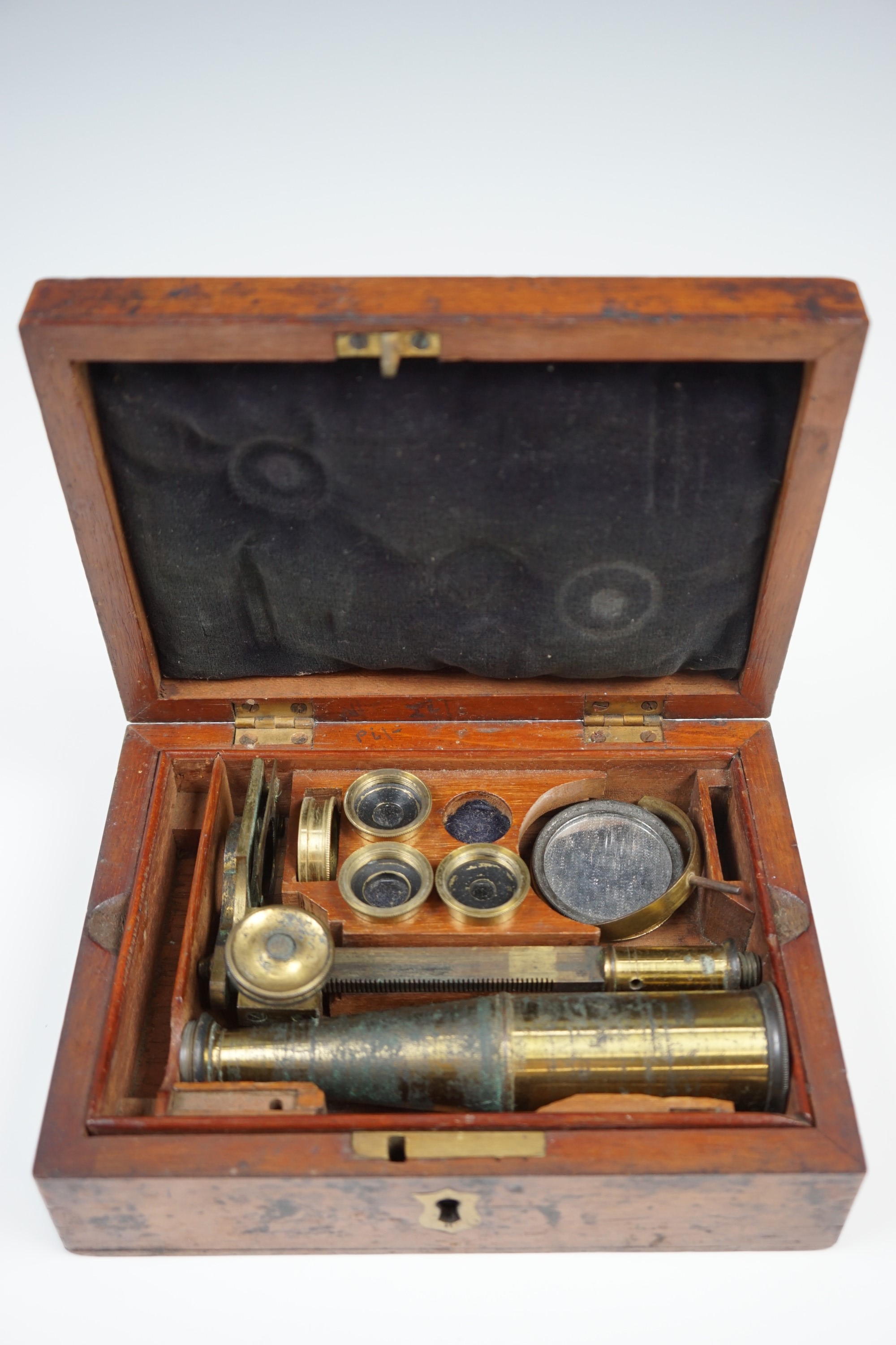 A late Georgian Cary Gould type "second size" portable compound monocular microscope, in lacquered