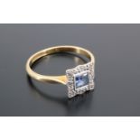 A vintage sapphire and diamond ring, comprising a square cut pale blue sapphire, (3 mm),