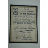 A Second World War County of Derby Air Raid Precautions membership pass