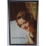 A framed mid-20th Century "Good Morning" bedding advertisement poster extract, in ebonised bead