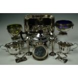 A quantity of period electroplate including a three piece tea set and two serving dishes etc