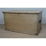 A Victorian pine blanket box with wrought hinges and drop loop handles, 97 x 51 x 53 cm