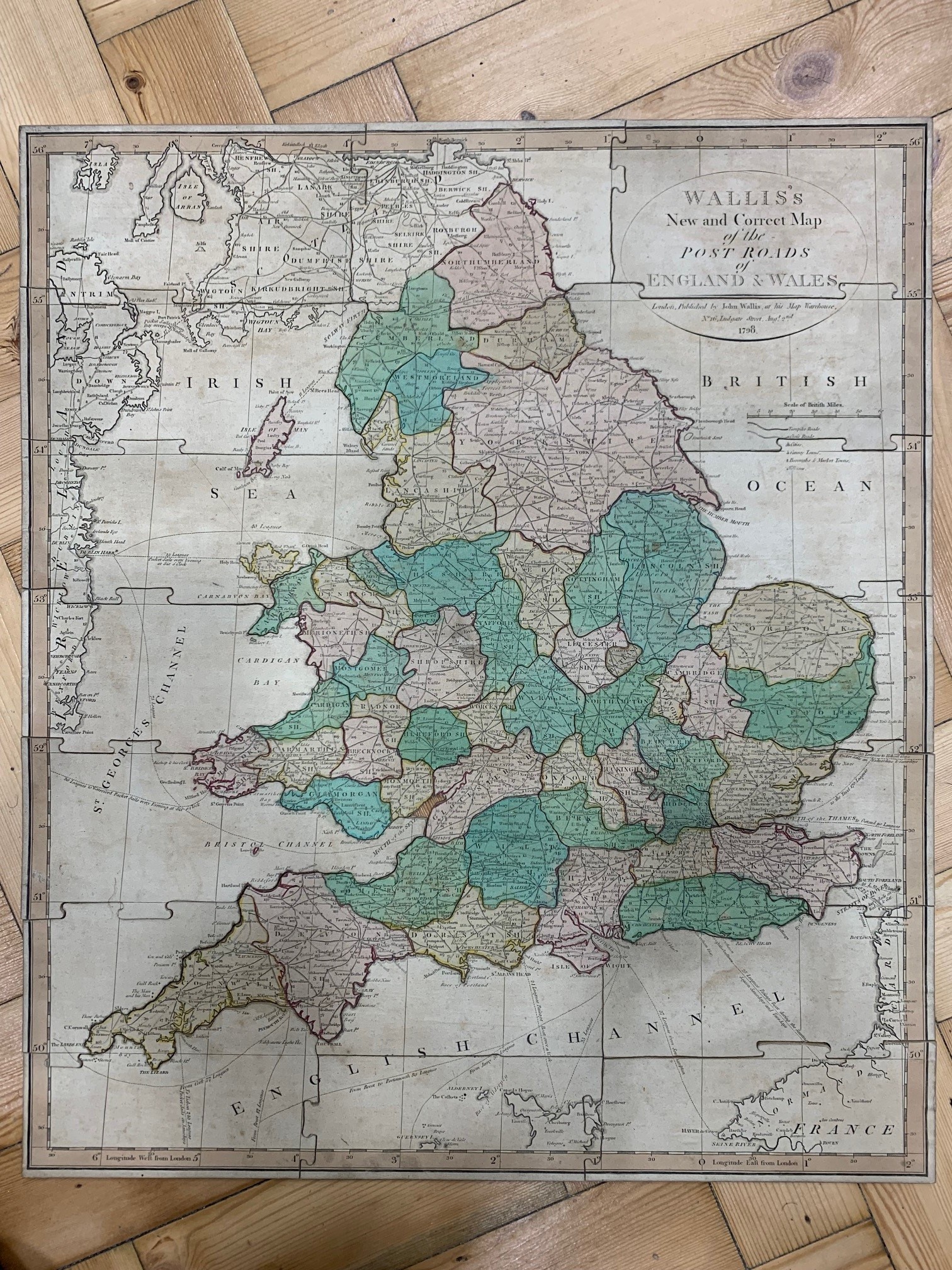 A George III wooden jigsaw, "A New Map of England and Wales, Sold by John Wallis at his Map - Image 3 of 5