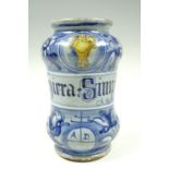 A 17th Century Italian tin-glazed earthenware alberello, blue-and-white floral decorated and white