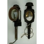 Two late 19th Century painted steel carriage lamps, converted to electric wall lights, 44 cm and