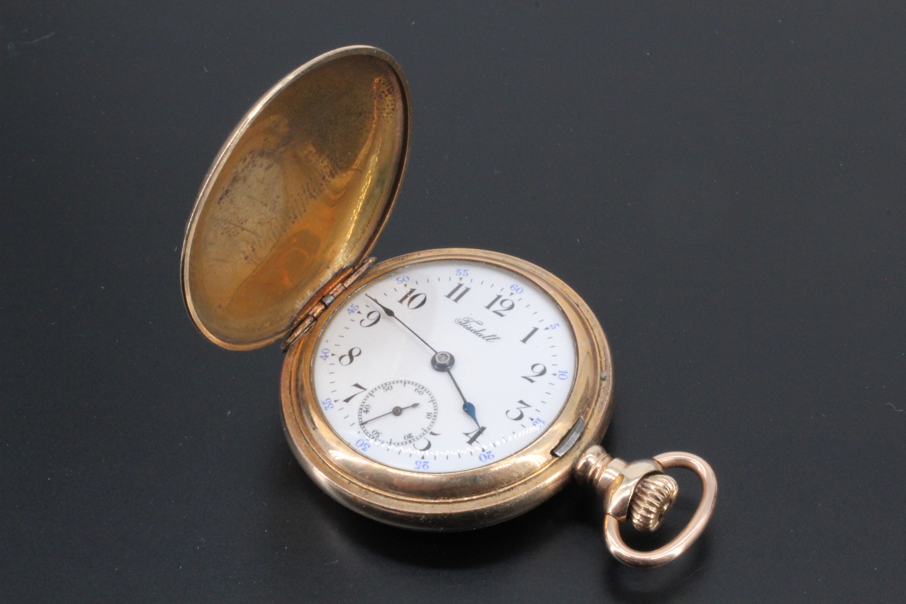 An early 20th Century Tisdall key-less rolled gold hunter cased fob watch, 36 mm excluding stem, (