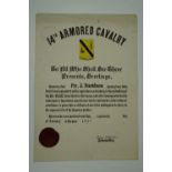A Cold War 1957 US army 14th Armored Cavalry certificate of merit for service on the Iron Curtain,