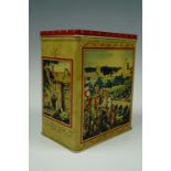 A Carlisle Historical Pageant printed tinplate tea caddy by Metal Box Co for Carr's Biscuits