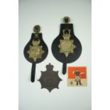 Two Yorkshire police horse brasses on leather backings, relating to 1984 miner's strike and North