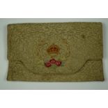 A quilted and lined pouch embroidered to the front with commemoration for the coronation of George