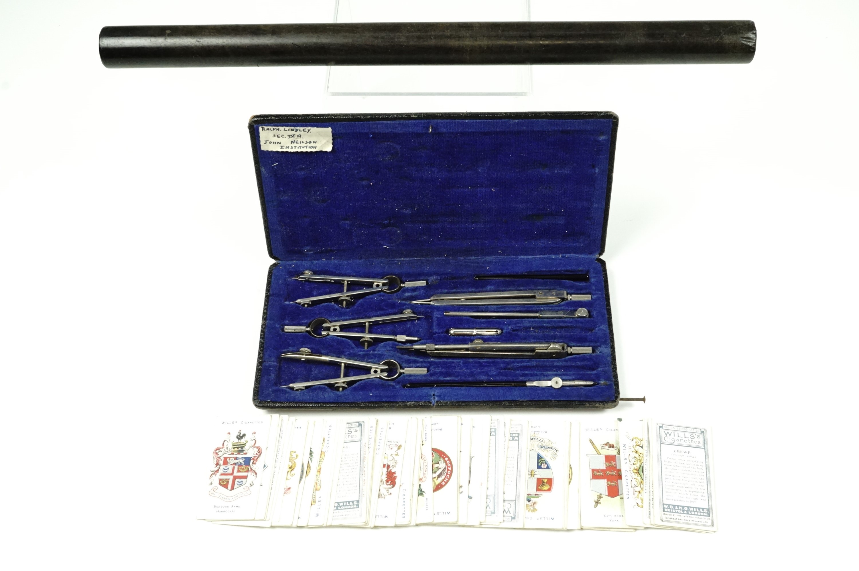 A cased German draughtsman's set, an ebony ruler and a small selection of Will's cigarette cards.