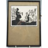 Three cut-paper silhouettes of fairies including "Someone Came Knocking", mounted on card and framed