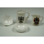 Two miniature Doulton Burslem ceramic dishes together with two items of crested ware, tallest 5.5