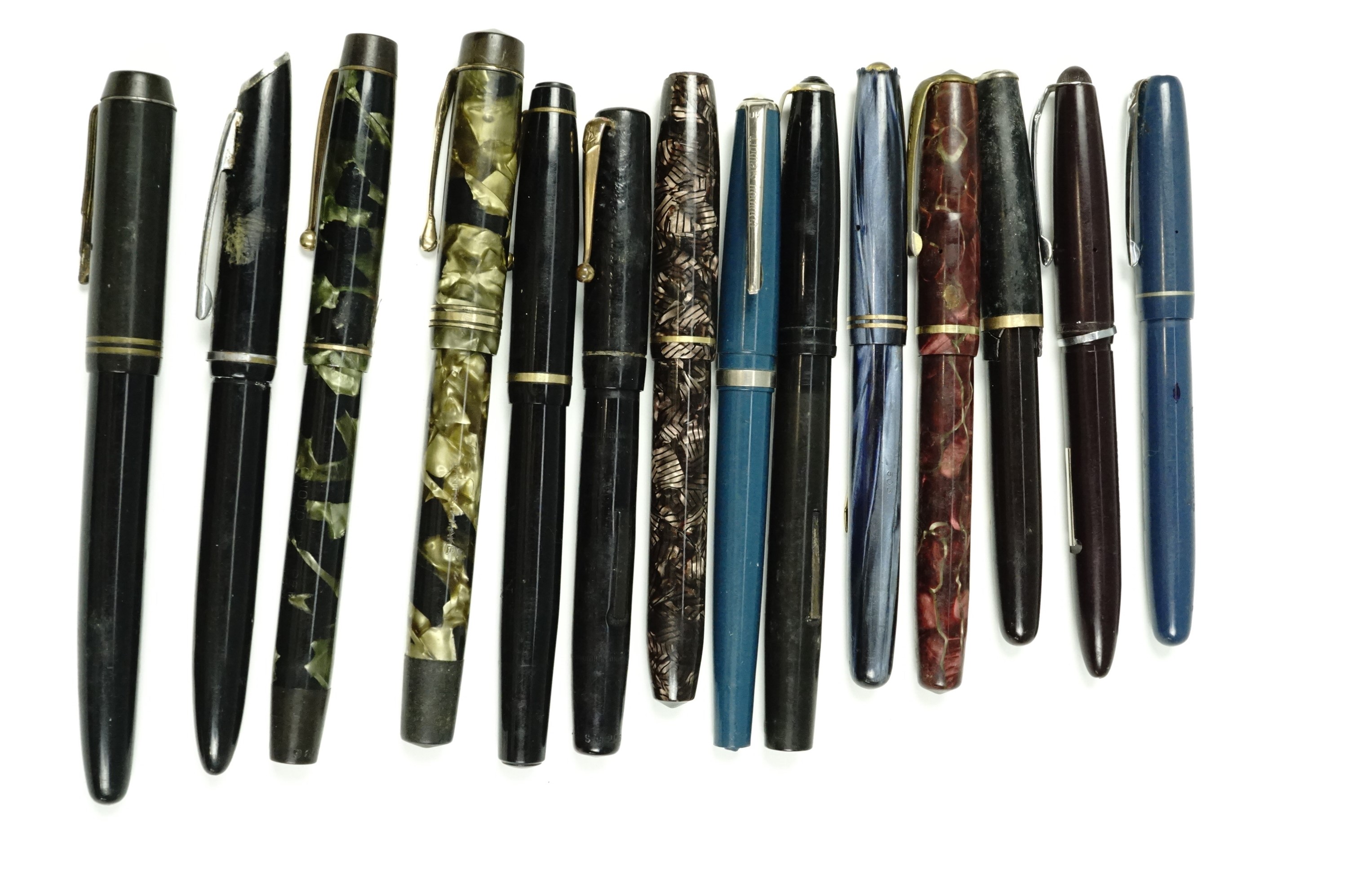 A quantity of vintage fountain pens including Delarue "Onoto The Pen", Burnham, Mabie Todd Swan,